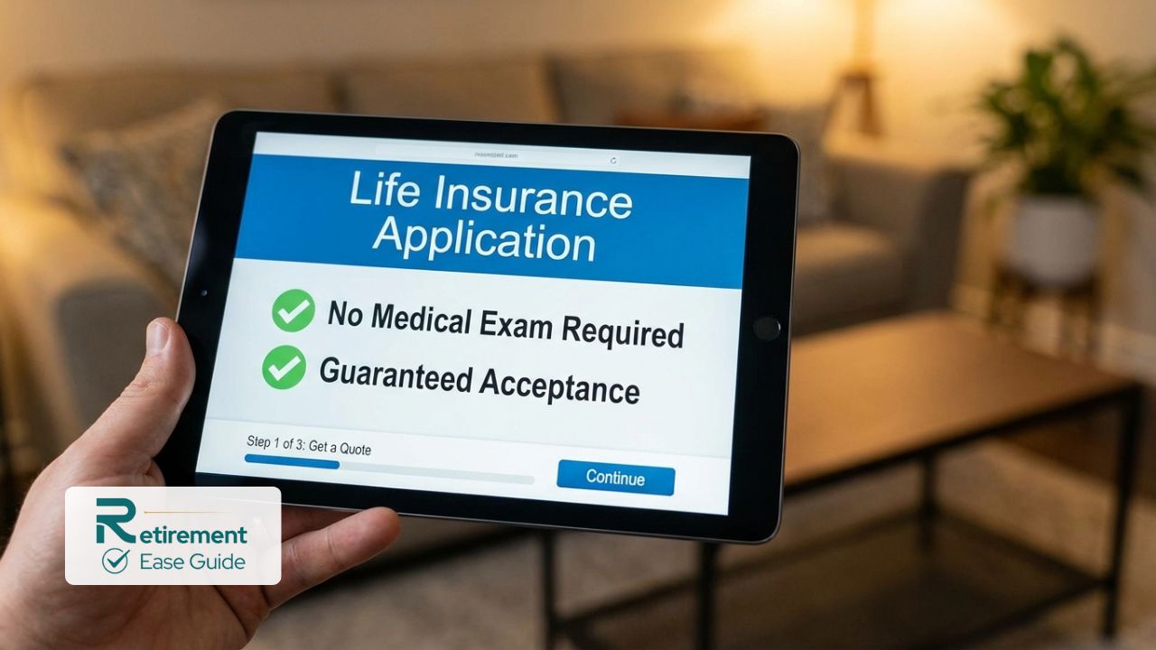 Smartphone showing a simple no-medical-exam life insurance application for seniors.