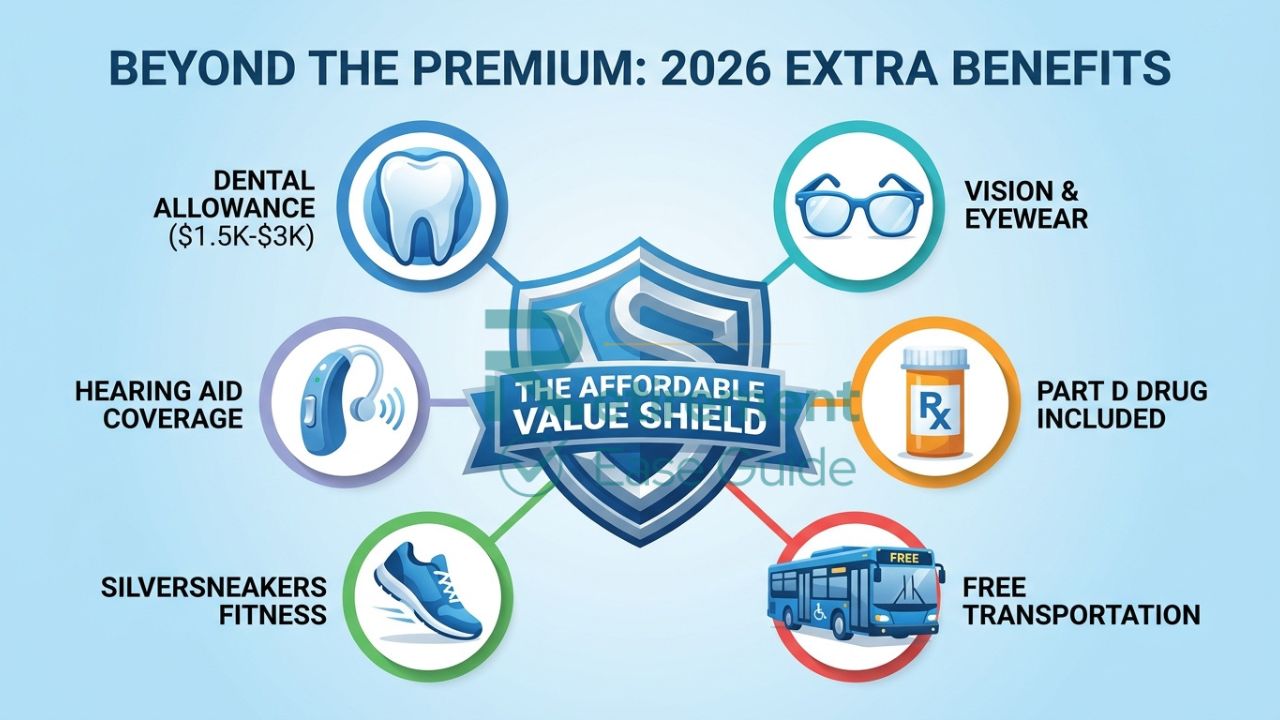 An infographic showing a "Value Shield" with icons for the extra benefits included in affordable 2026 plans like dental, vision, hearing, and OTC allowances.