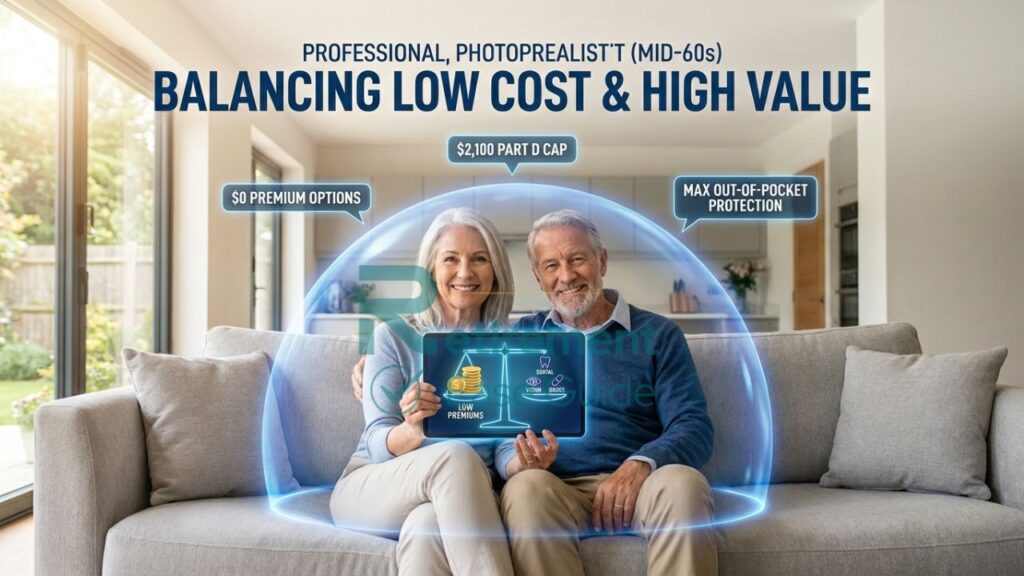 A senior couple in a sunny living room looking at a tablet that displays a "Budget vs. Benefits" scale, with an affordable Medicare shield protecting their savings.
