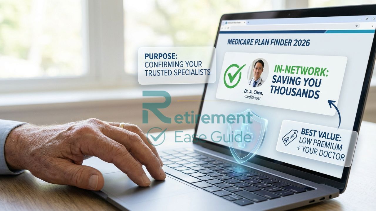 A close-up of a senior man's hand using a laptop to check if his specialist is "In-Network" for an affordable $0 premium Medicare plan.