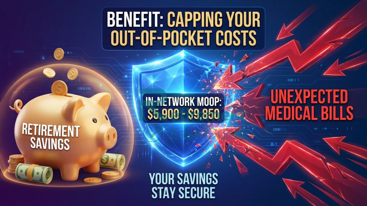 A 3D graphic of a Medicare shield acting as a barrier between a senior's savings account and rising medical bills.