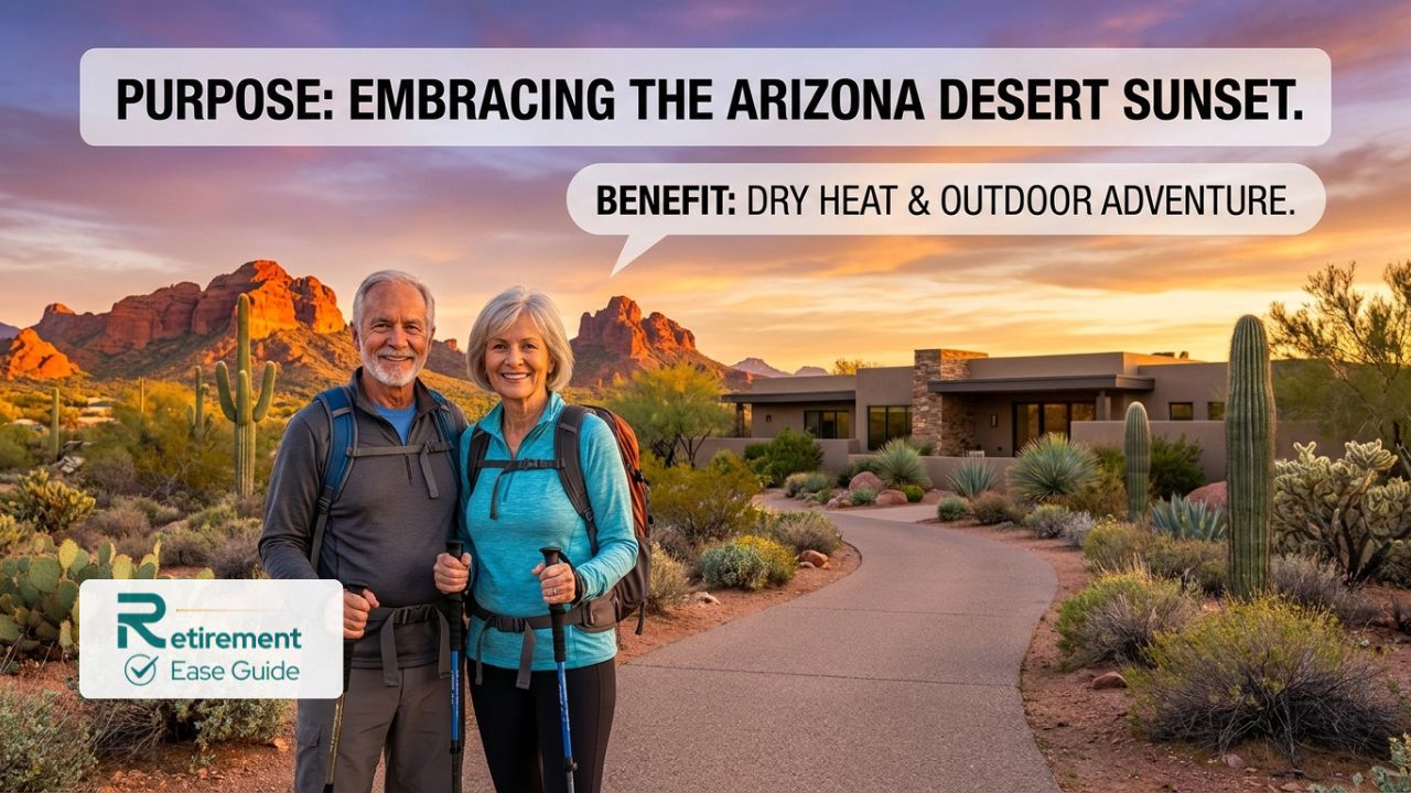 A senior couple hiking on a well-maintained trail in an Arizona 55+ community with dramatic red rock mountains and a sunset in the background.