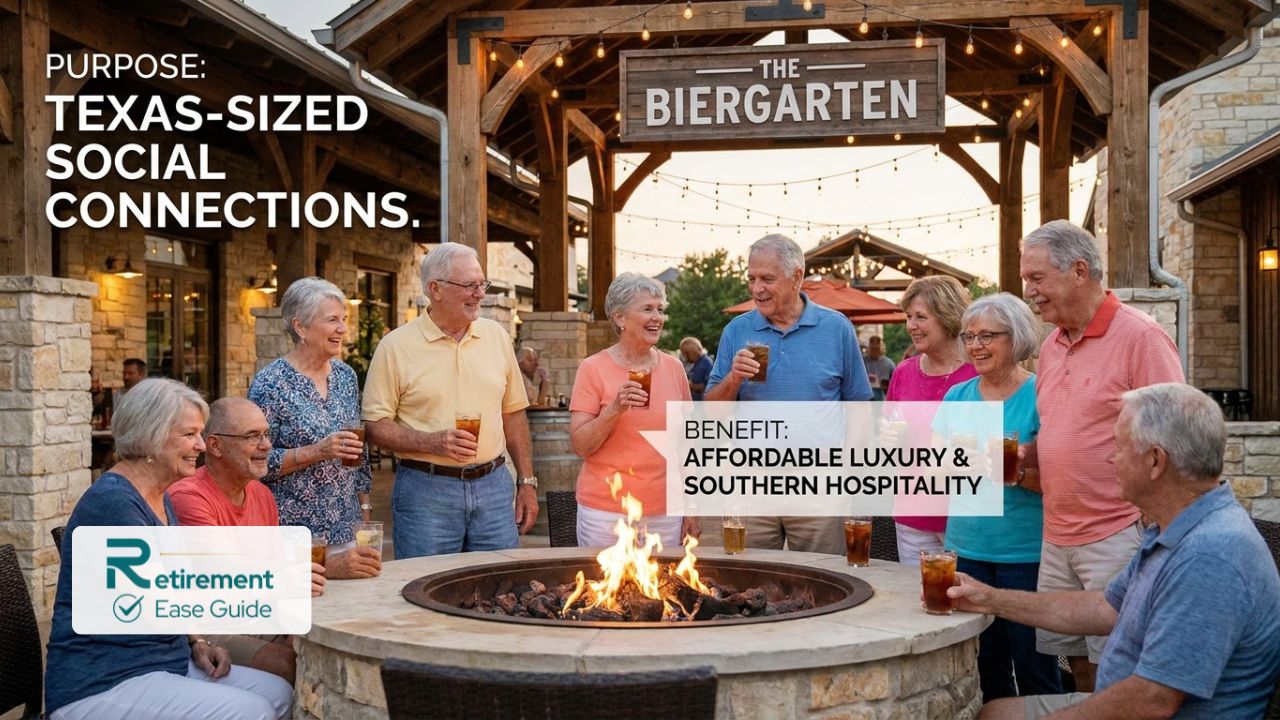 A group of seniors enjoying a social gathering at a Texas Hill Country 55+ community Biergarten with rustic wood architecture and limestone accents.