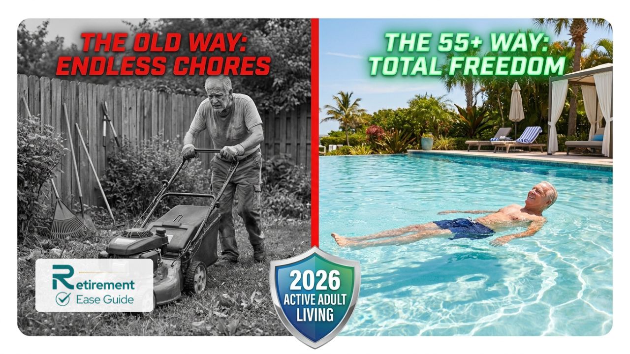 A split-screen comparison showing a senior struggling with a lawnmower versus a senior professional enjoying a morning swim at a 55+ community.