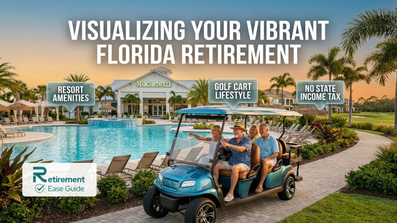 A vibrant scene of active seniors in a Florida 55+ community, featuring a tropical resort-style pool, golf carts, and palm trees under a bright blue sky.