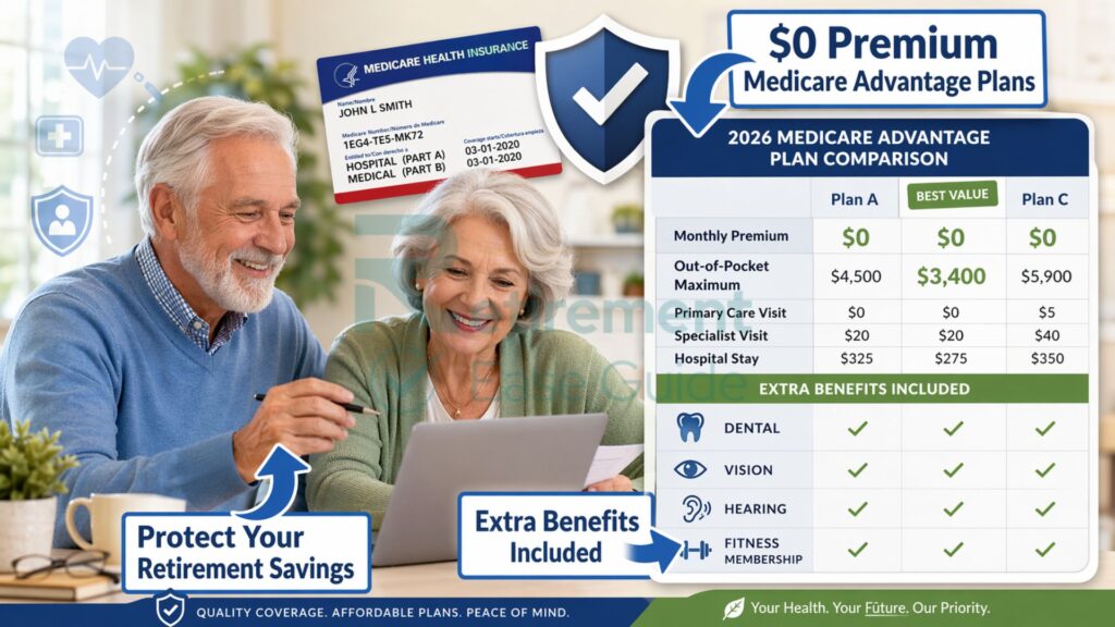 A happy retired couple researching affordable health insurance options for 2026 on their laptop.