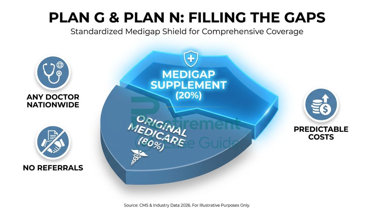 An infographic showing a "Standardized Medigap Shield" filling the 20% gap left by Original Medicare, featuring Plan G and Plan N labels.
