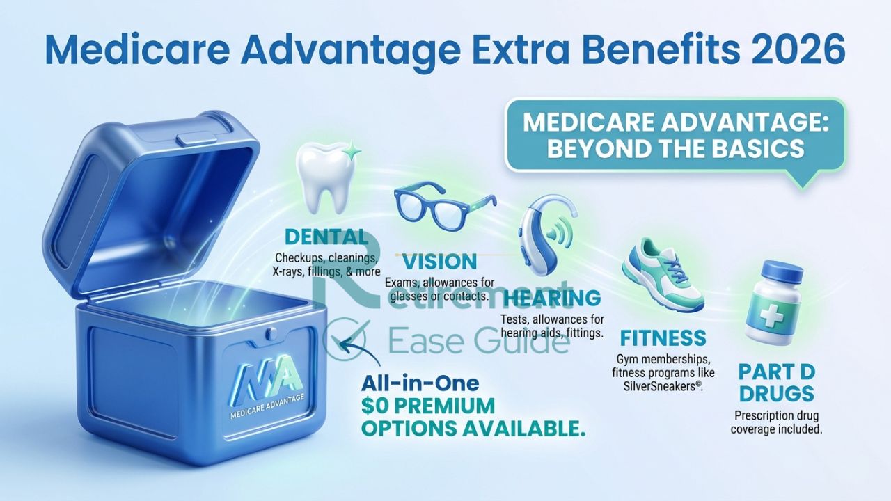 An infographic showing a Medicare Advantage "All-in-One" box opening to reveal extra benefits like dental, vision, hearing, and fitness icons.