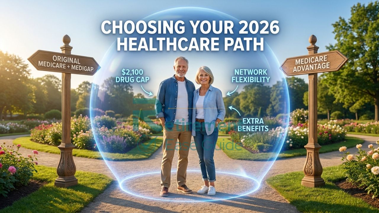 A senior couple standing at a scenic crossroads in a park, with two clear signposts: "Original Medicare + Medigap" and "Medicare Advantage," shielded by a glowing blue safety net.