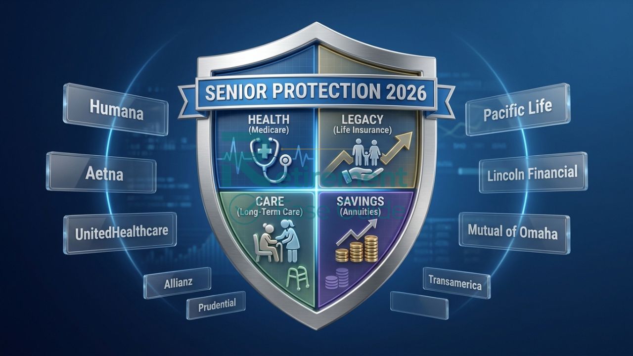 Infographic showing various types of insurance for seniors including life, health, and long-term care.