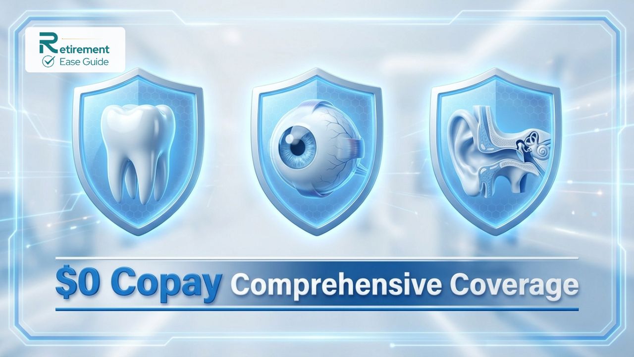 Infographic of dental, vision, and hearing benefits included in 2026 Medicare Advantage plans.