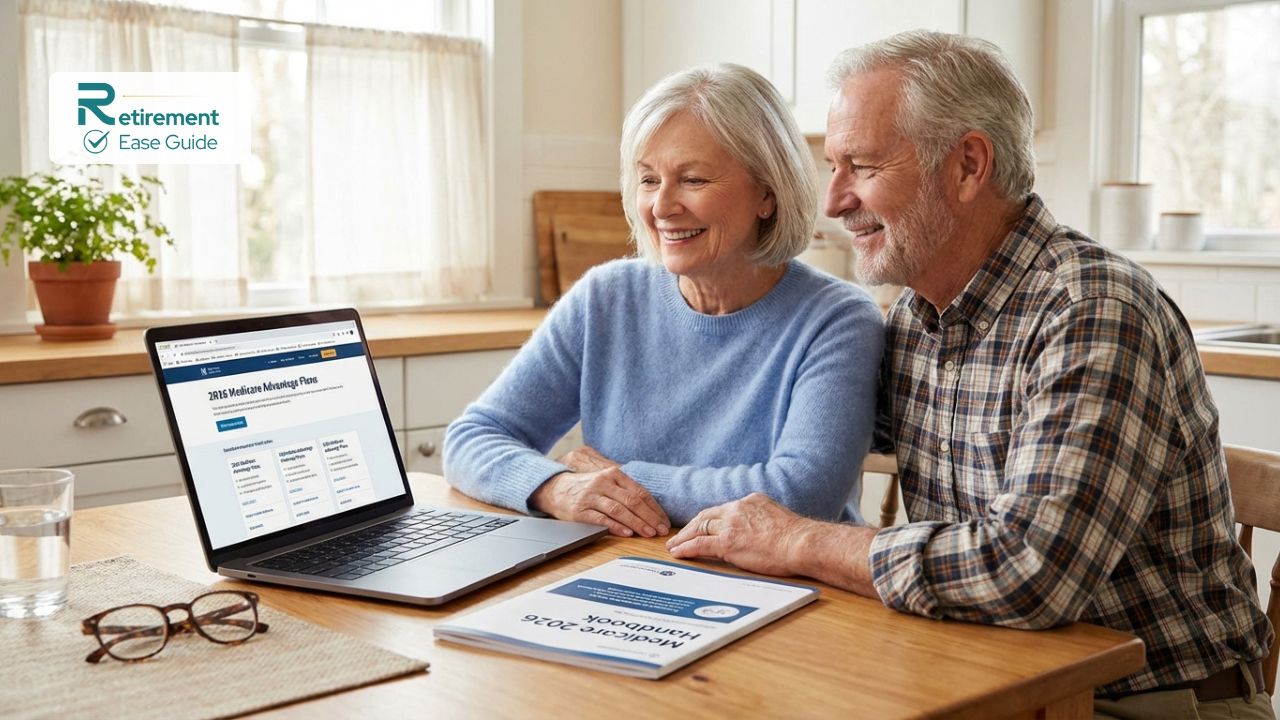 Senior couple smiling while comparing the best Medicare Advantage plans for 2026 on a laptop.