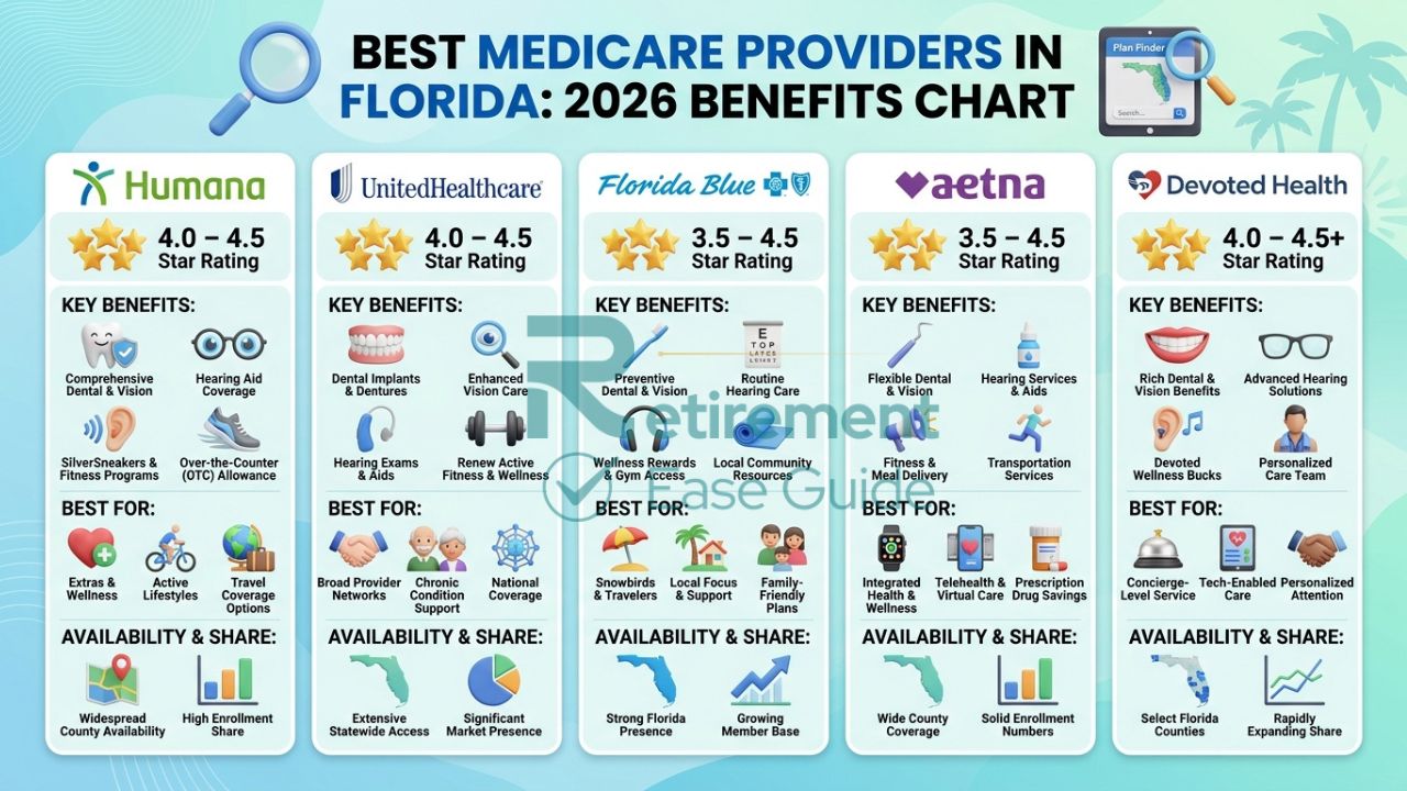 An infographic chart with 3D icons showing the top 5 Florida Medicare providers (Humana, UnitedHealthcare, Florida Blue, Aetna, Devoted Health) and their key benefits in 2026, including dental, vision, hearing, and SilverSneakers.