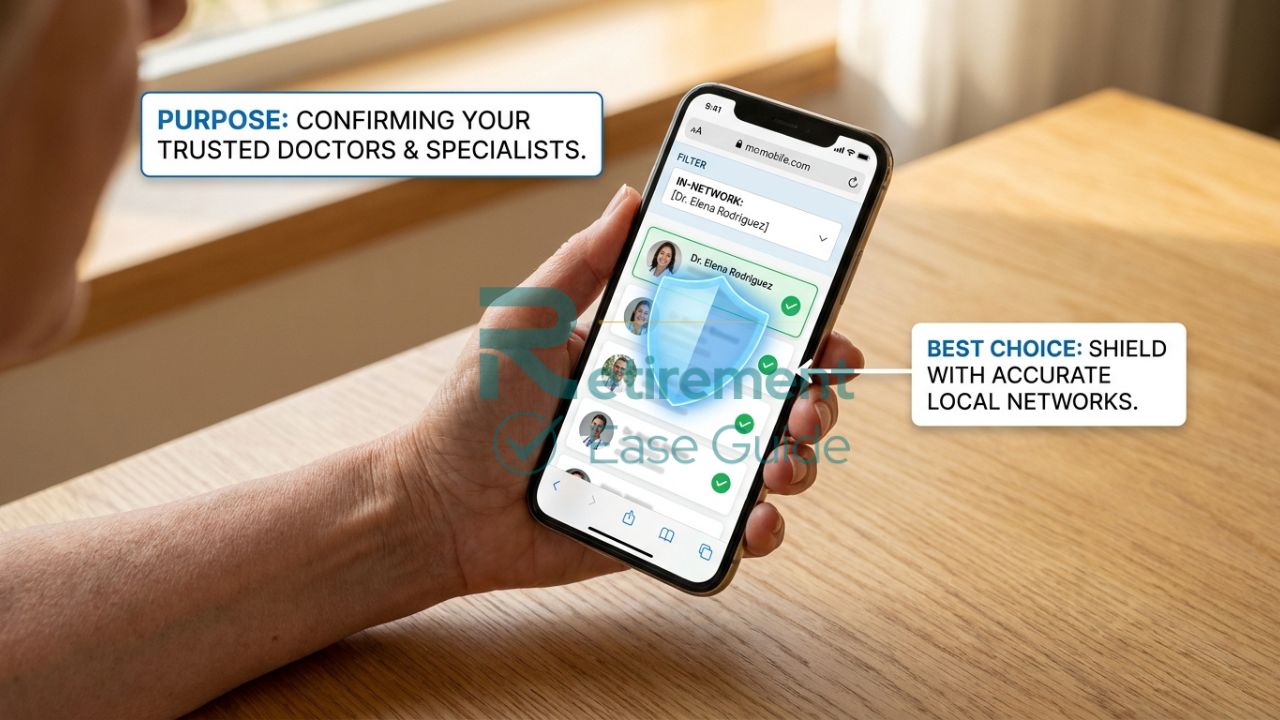 A close-up of a senior woman's hand using a smartphone with an "In-Network" filter active, comparing doctor results on different Florida Medicare Advantage plans.