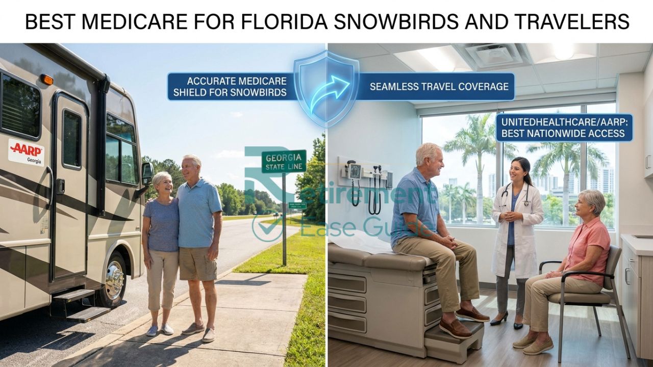 A split-screen visual showing a senior couple traveling (e.g., in an RV or splitting time) and then receiving care in Florida, highlighting the travel coverage and PPO flexibility of specific Medicare providers.