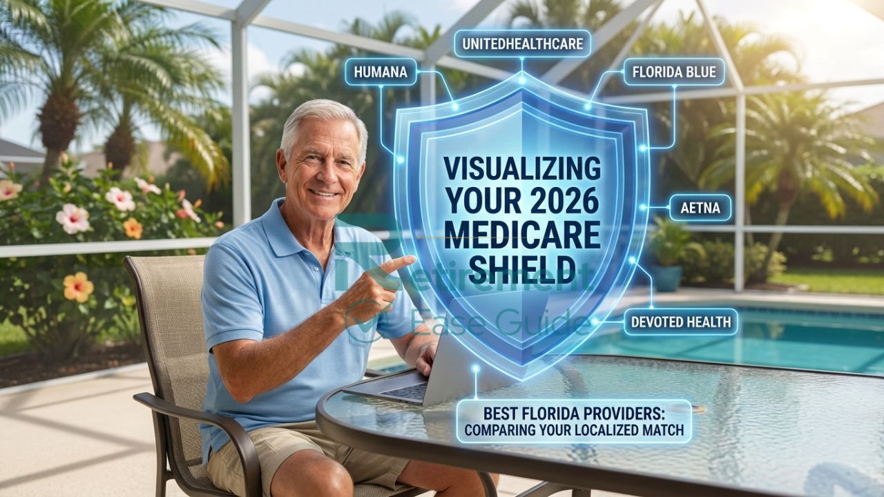 A senior man in a Florida setting comparing Medicare provider shields (shields labeled Humana, UnitedHealthcare, Florida Blue, Aetna, Devoted Health) that a computer screen shows are available in his ZIP code.
