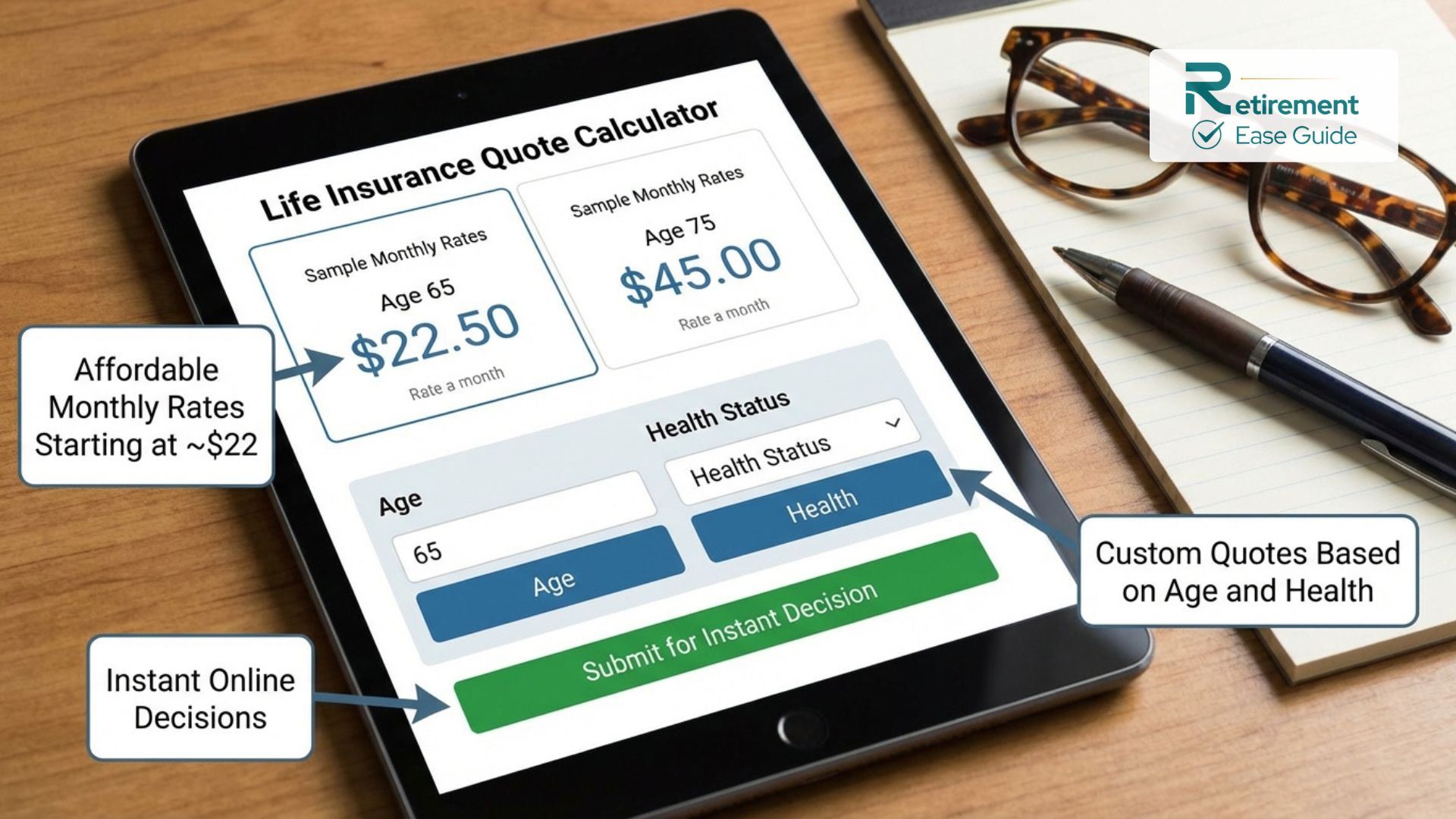 A close-up of a tablet screen displaying sample monthly life insurance rates for ages 65 and 75 in 2026.