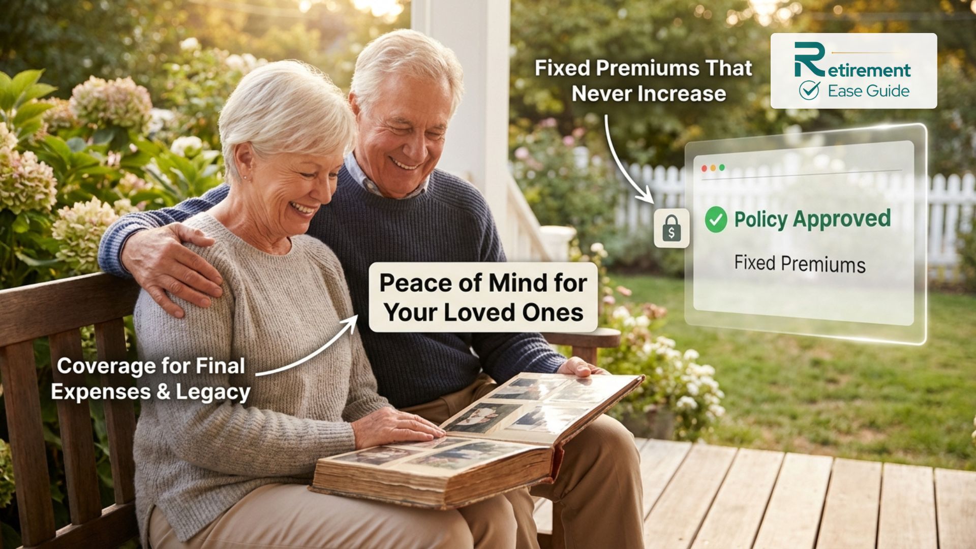A happy senior couple relaxing on a porch, viewing family photos, symbolizing financial peace of mind.