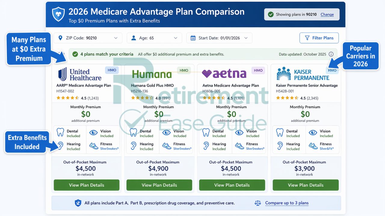 A visual checklist of extra benefits like dental, vision, and hearing often included in $0 premium Medicare Advantage plans.