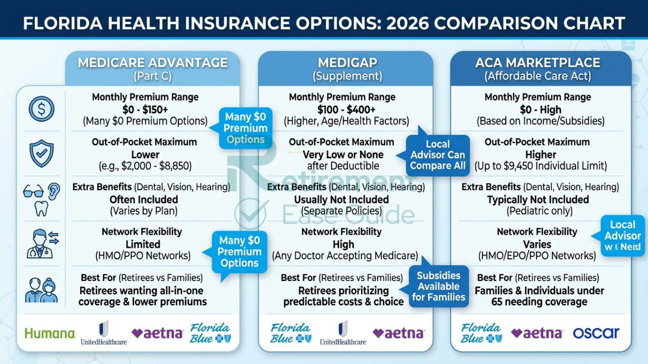 Comparison of Medicare Advantage, Medigap, and ACA health insurance options for Florida residents in 2026