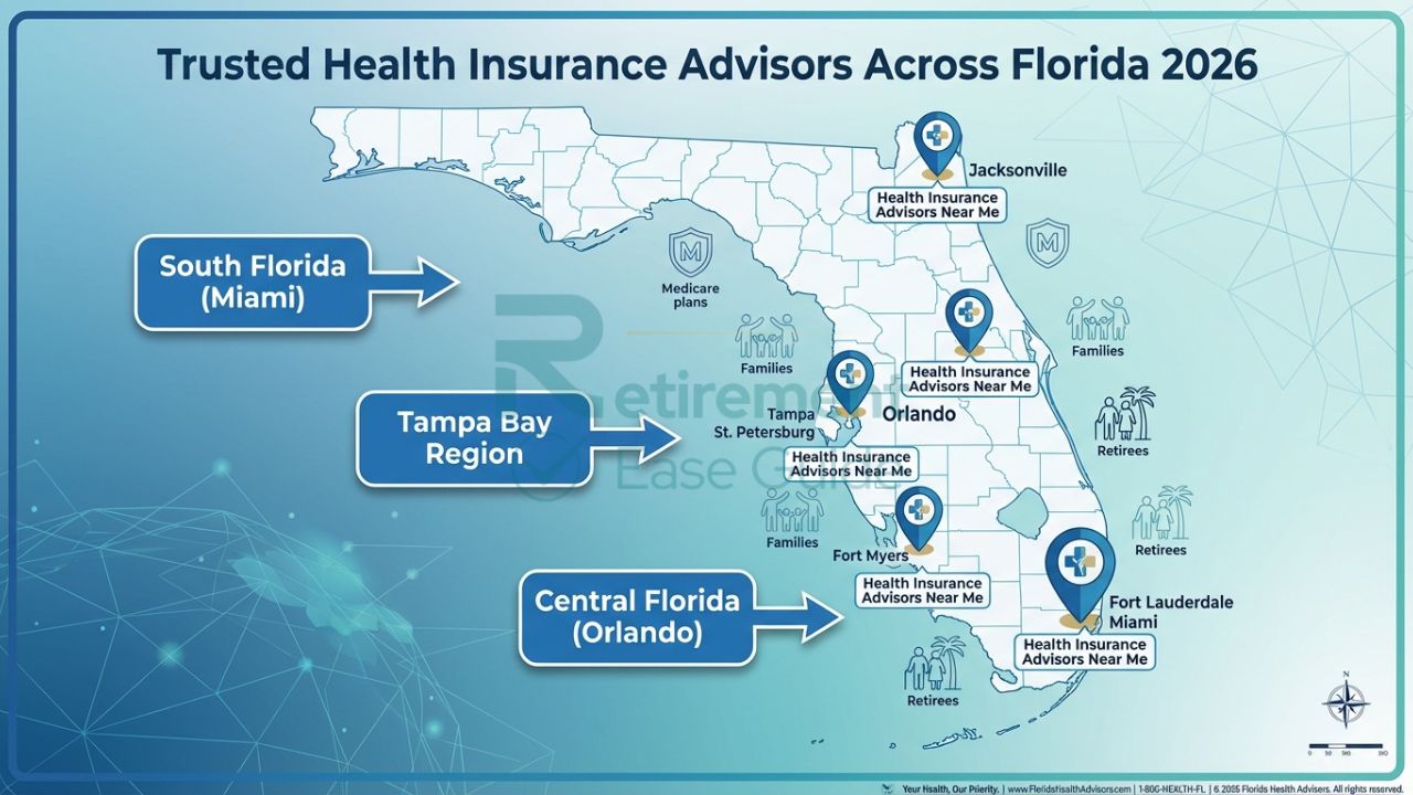 Map showing locations of trusted health insurance advisors near me across Florida for 2026