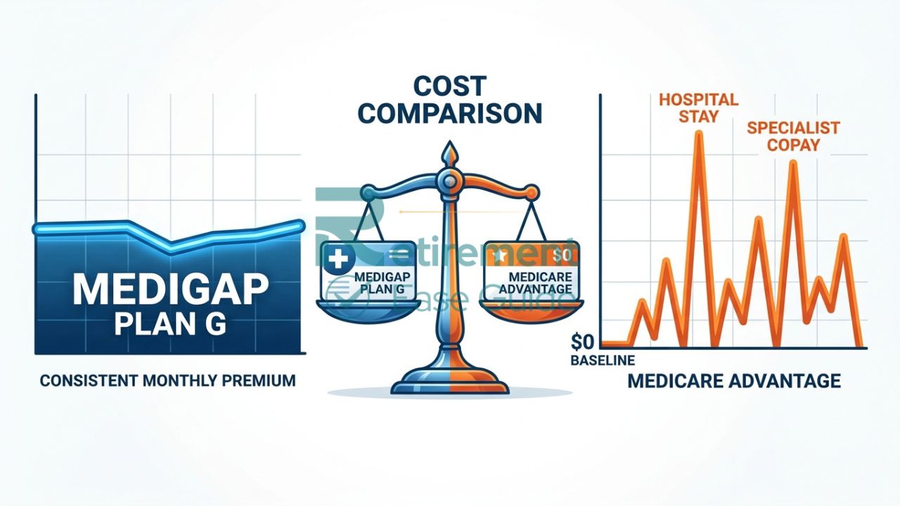 Split-screen graphic comparing a predictable Medigap plan cost with a variable Medicare Advantage plan cost.