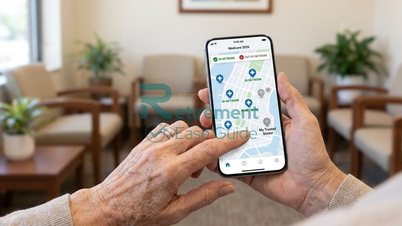 A senior woman looking at a digital map showing "In-Network" and "Out-of-Network" healthcare providers.