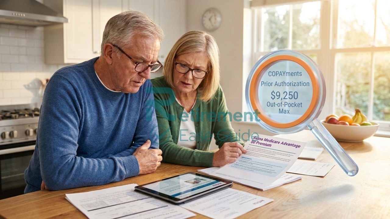 A senior couple reviewing Medicare plan documents with a 3D magnifying glass revealing hidden costs like copays and deductibles.