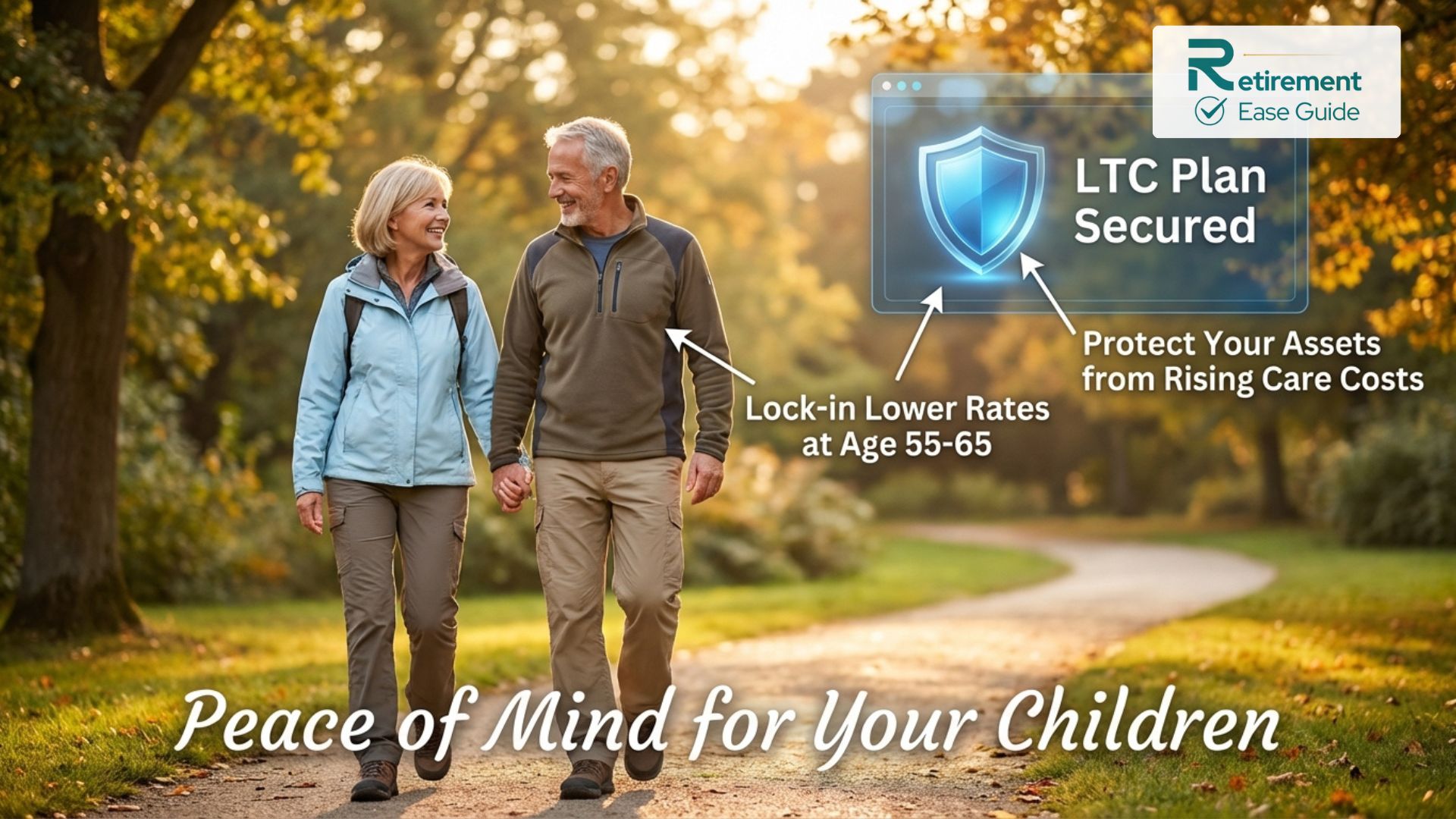 A happy senior couple walking outdoors representing financial security through long-term care insurance