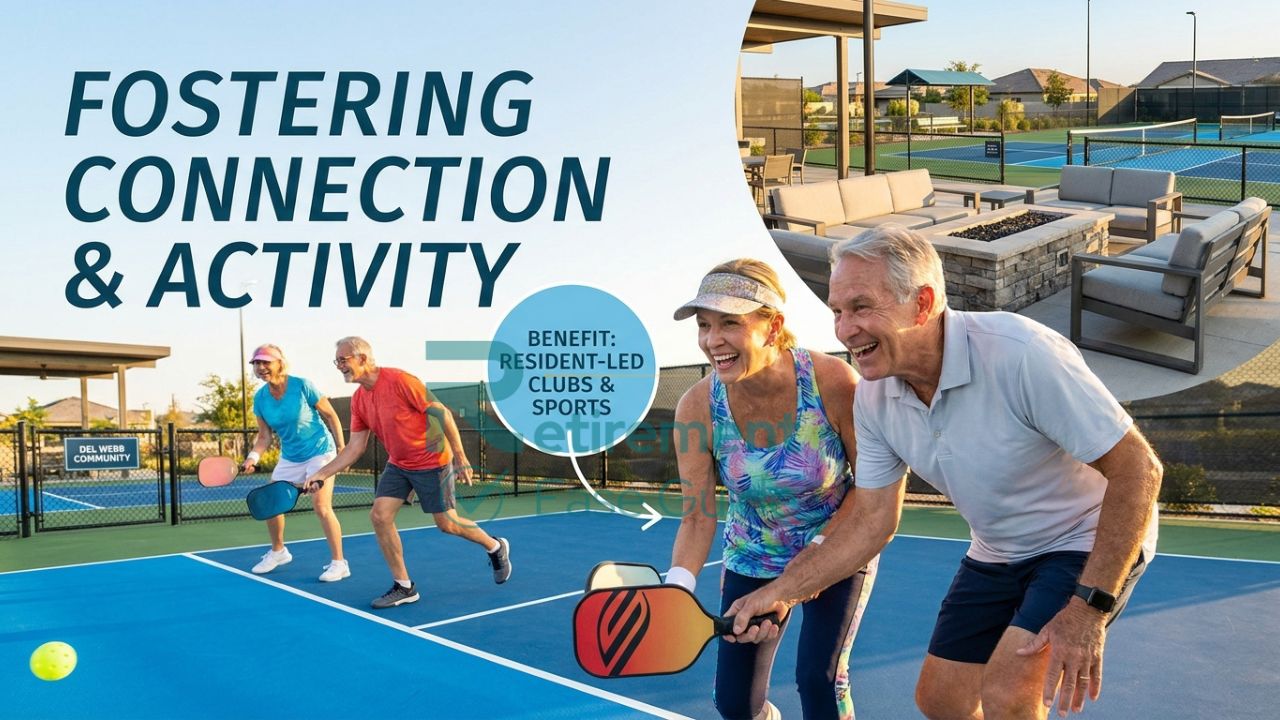 A group of active seniors 55+ playing pickleball and laughing at a modern Del Webb sports complex.
