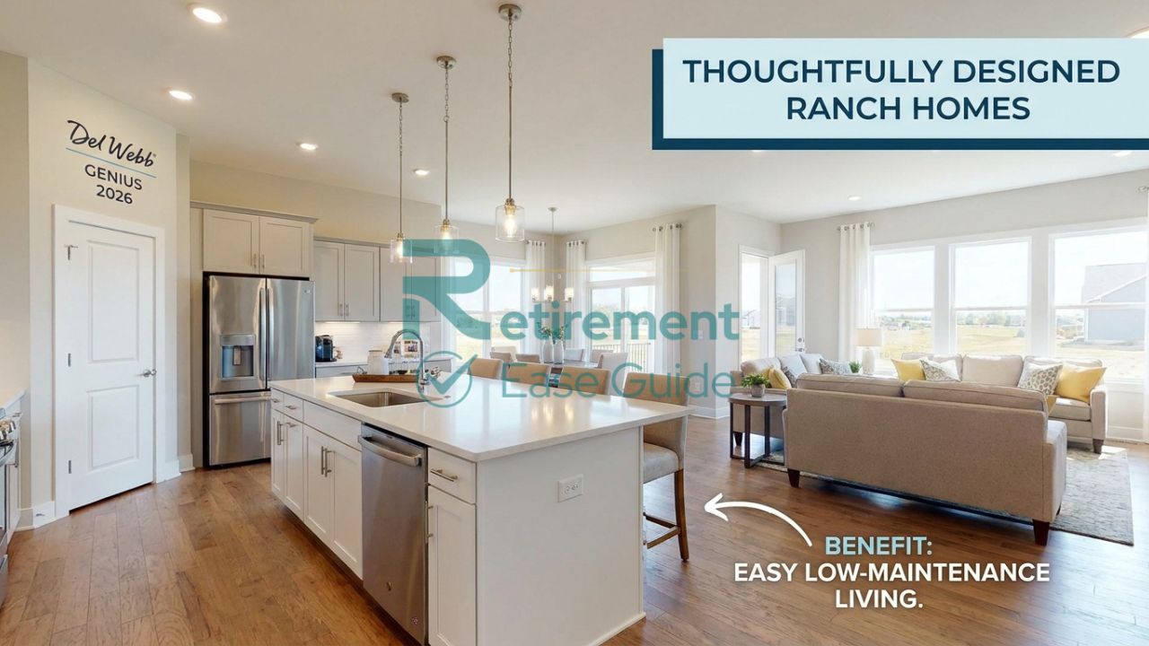 The interior of a Del Webb ranch-style home showing an open-concept kitchen and living area designed for easy senior living.
