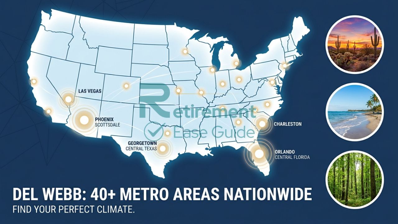 A conceptual map of the United States highlighting the 40+ metro areas where Del Webb 55+ communities are located.