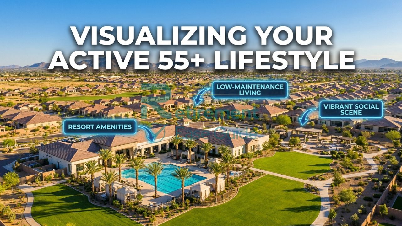 A sprawling Del Webb 55+ community featuring ranch-style homes, a massive clubhouse, and a resort-style pool under a clear blue sky.