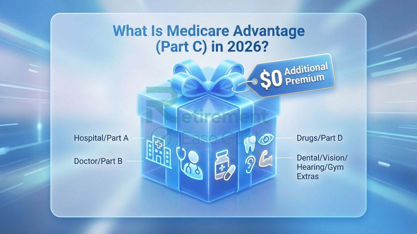 Infographic of bundled benefits in a 2026 Medicare Advantage plan.