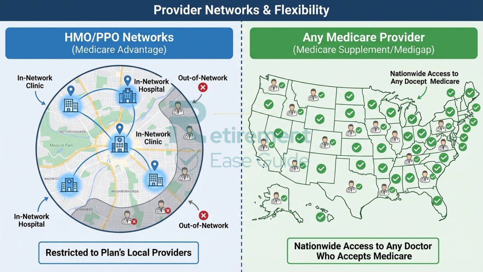 Comparison of provider network restrictions in Medicare Advantage vs Medigap freedom.