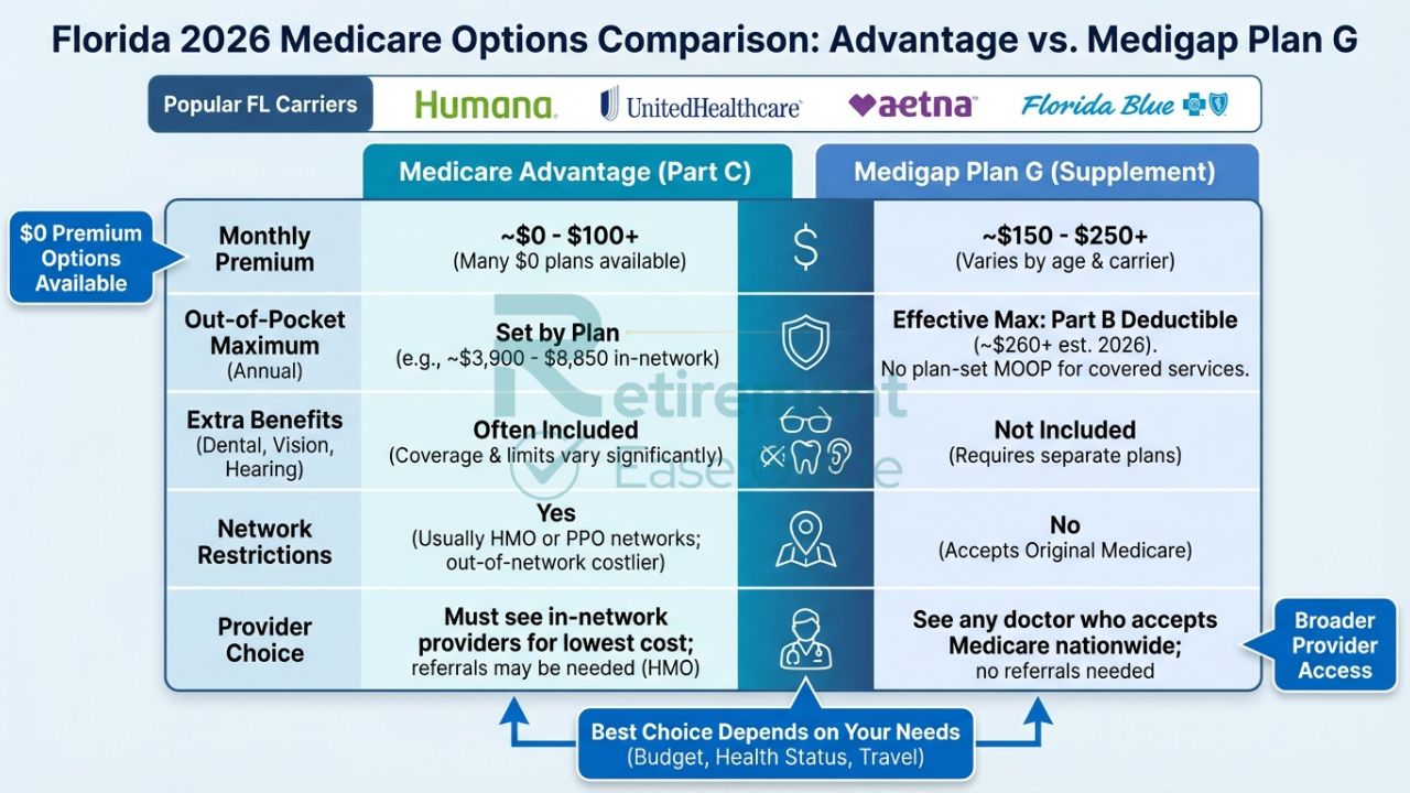 Side-by-side comparison of Medicare Advantage and Medigap plans for Florida retirees in 2026