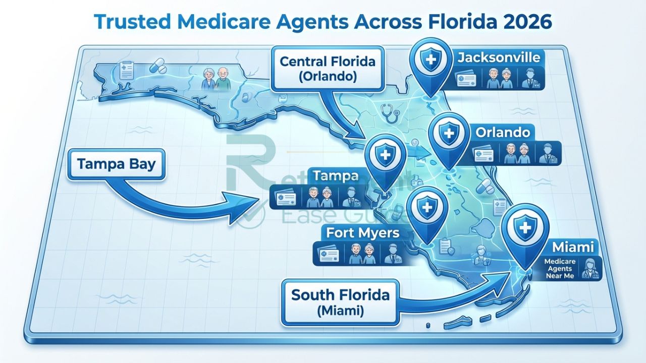 Map showing locations of trusted Medicare agents near me in Florida for 2026 enrollment