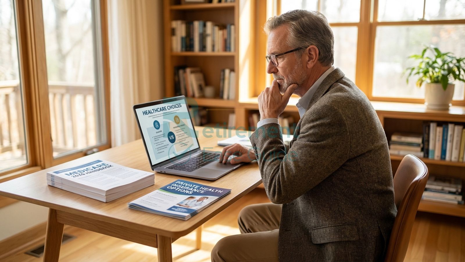 Retiree comparing Medicare vs private insurance 2026 options on a laptop.