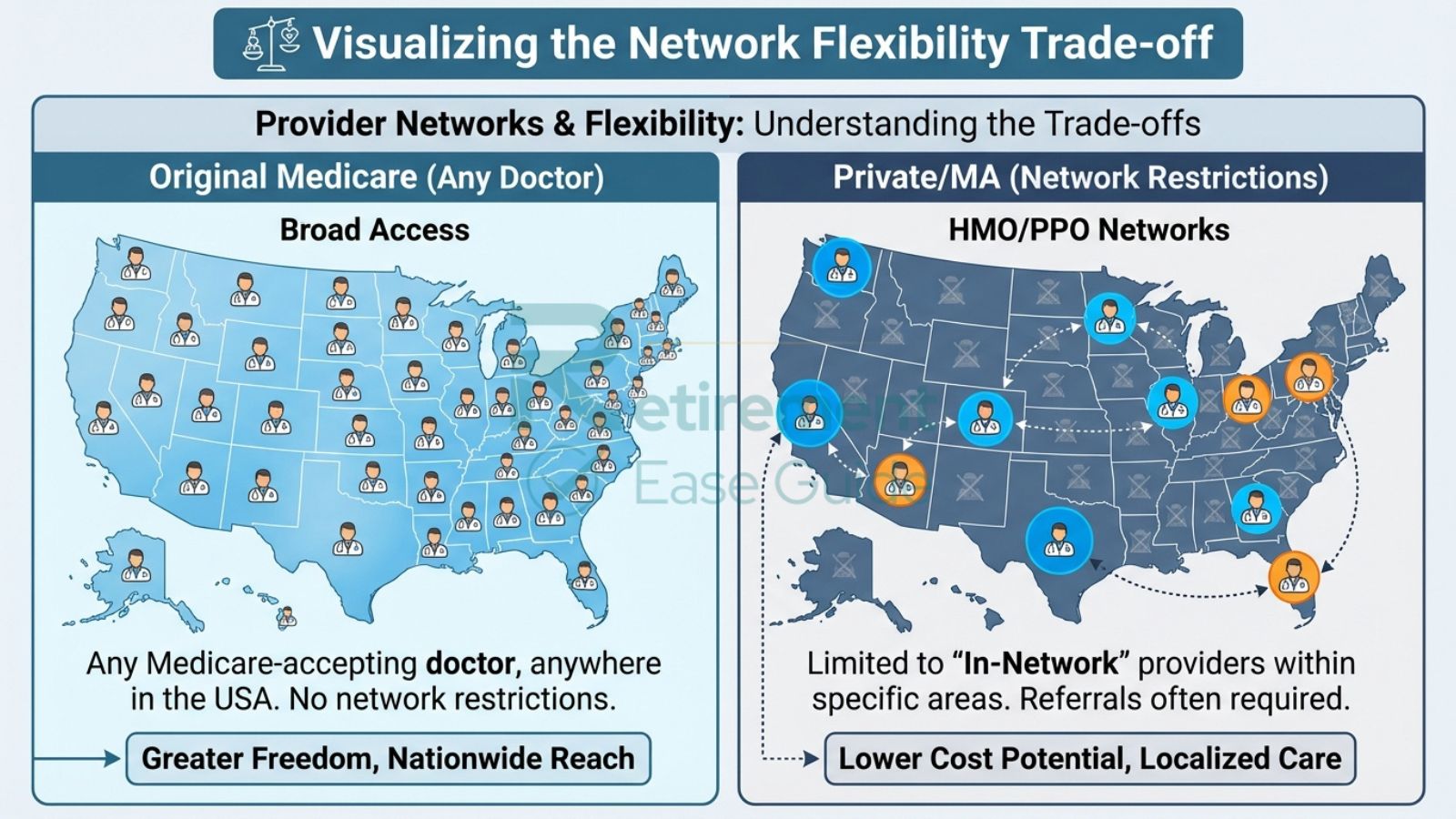 Visual comparison of provider networks in Medicare versus private health insurance.