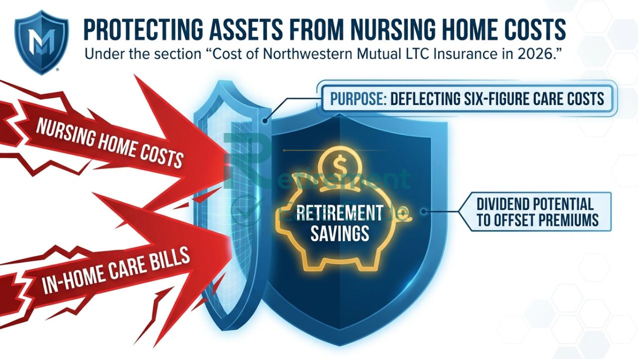 An infographic showing a Northwestern Mutual shield blocking red arrows representing "Nursing Home" and "Assisted Living" costs from reaching a retirement nest egg.