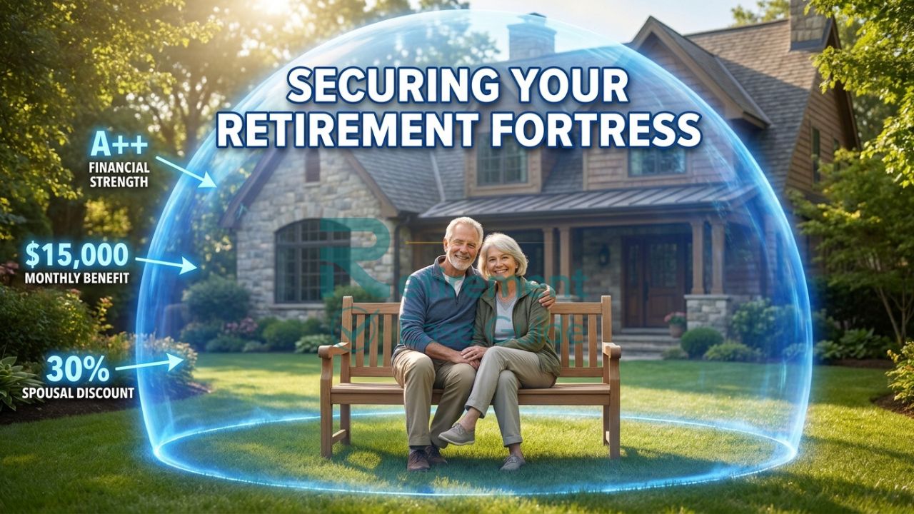 A senior couple in a sunny garden, protected by a massive, translucent sapphire-blue shield representing Northwestern Mutual's financial strength and LTC protection.