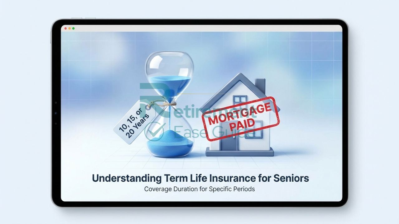 Infographic of term life insurance duration for seniors covering mortgages and debts.