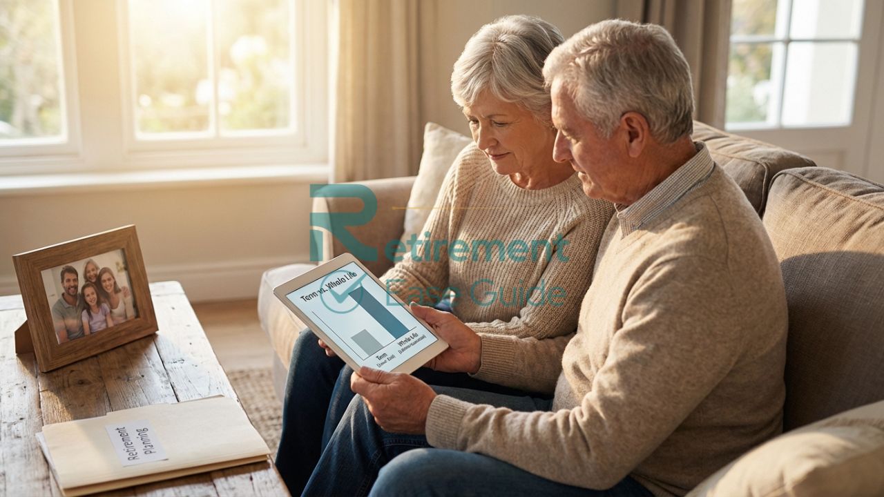Senior couple comparing term vs whole life insurance 2026 options on a tablet.