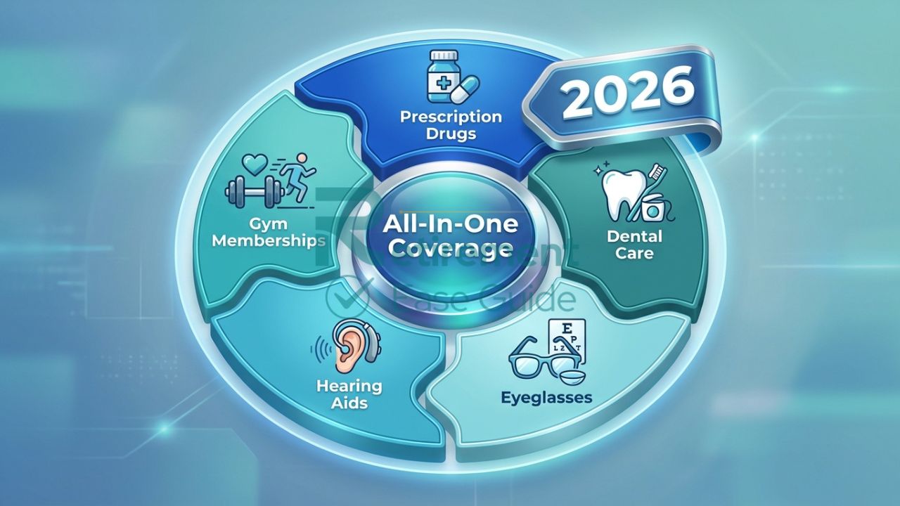 Infographic of Medicare Advantage extra benefits including dental, vision, and hearing for 2026.