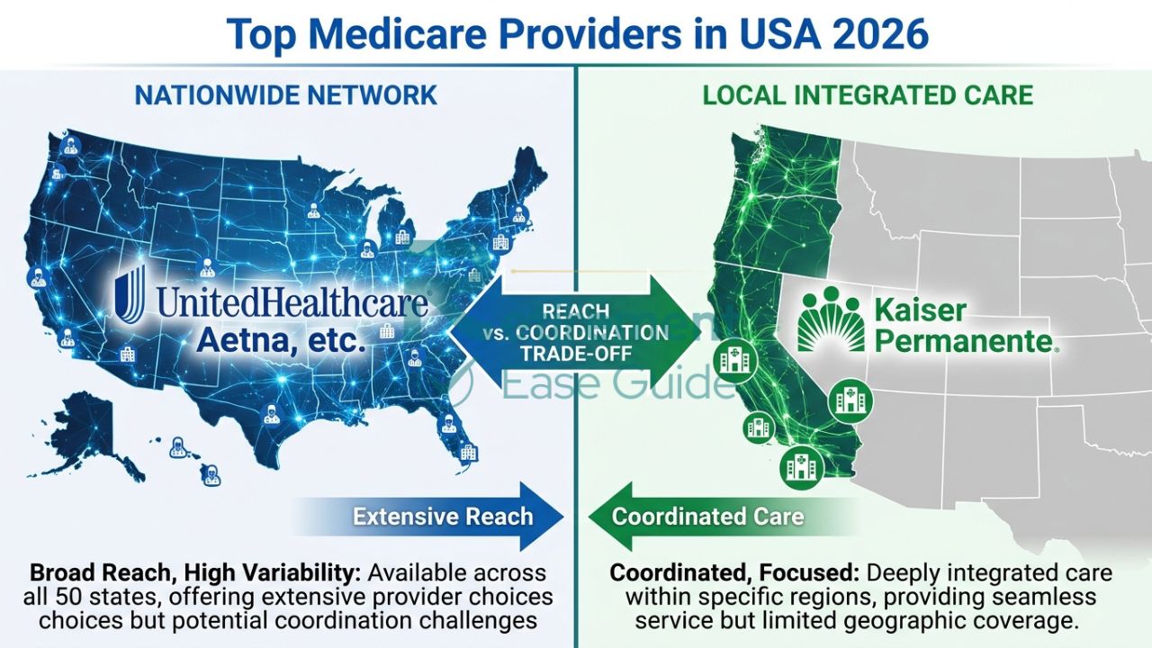 Comparison of national Medicare provider networks versus regional integrated care models.