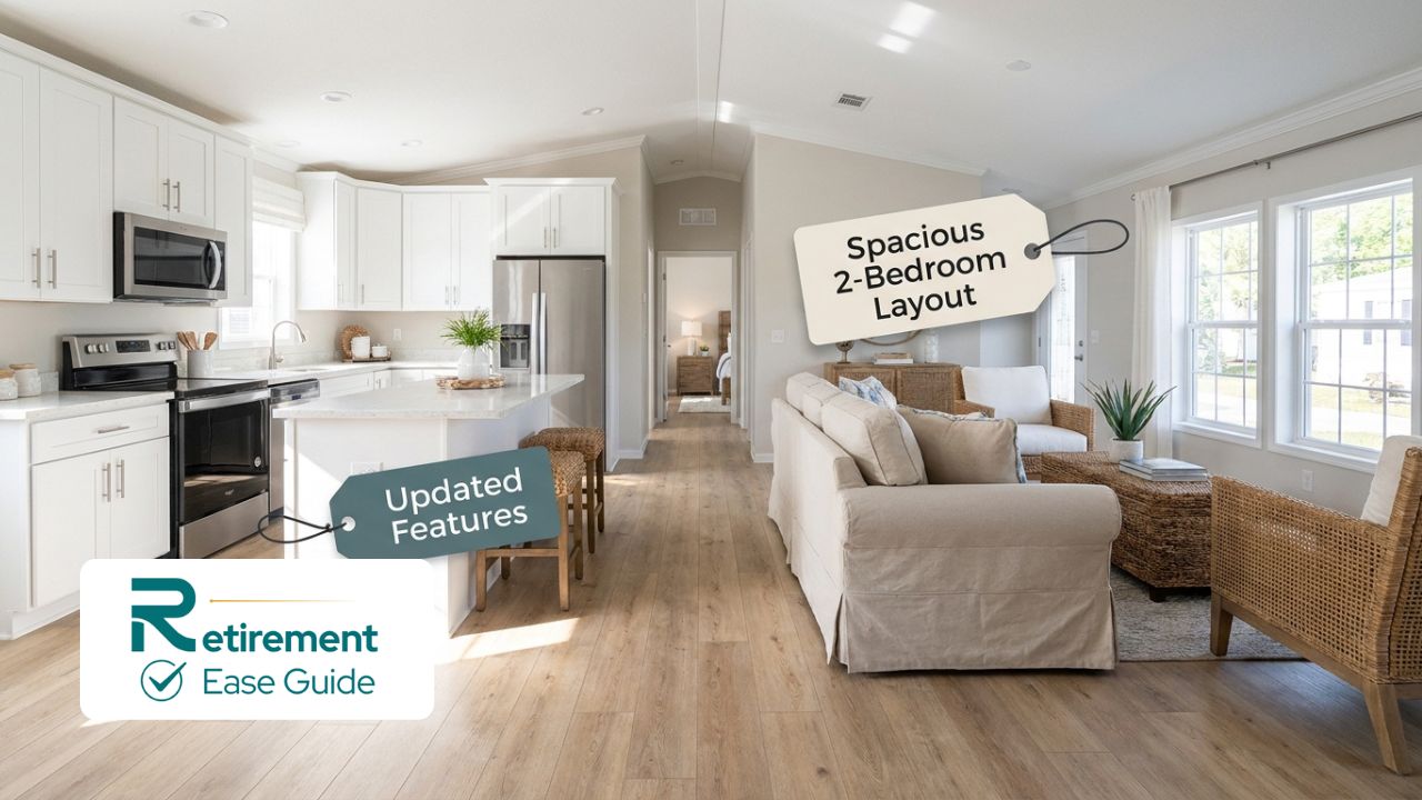 Modern open-concept kitchen and living room inside a refurbished Florida manufactured home under $100,000.