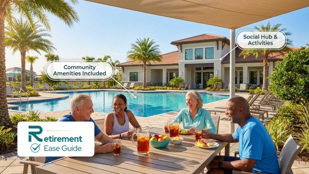 A group of active seniors laughing near a turquoise community pool at an affordable 55 plus community in Florida.