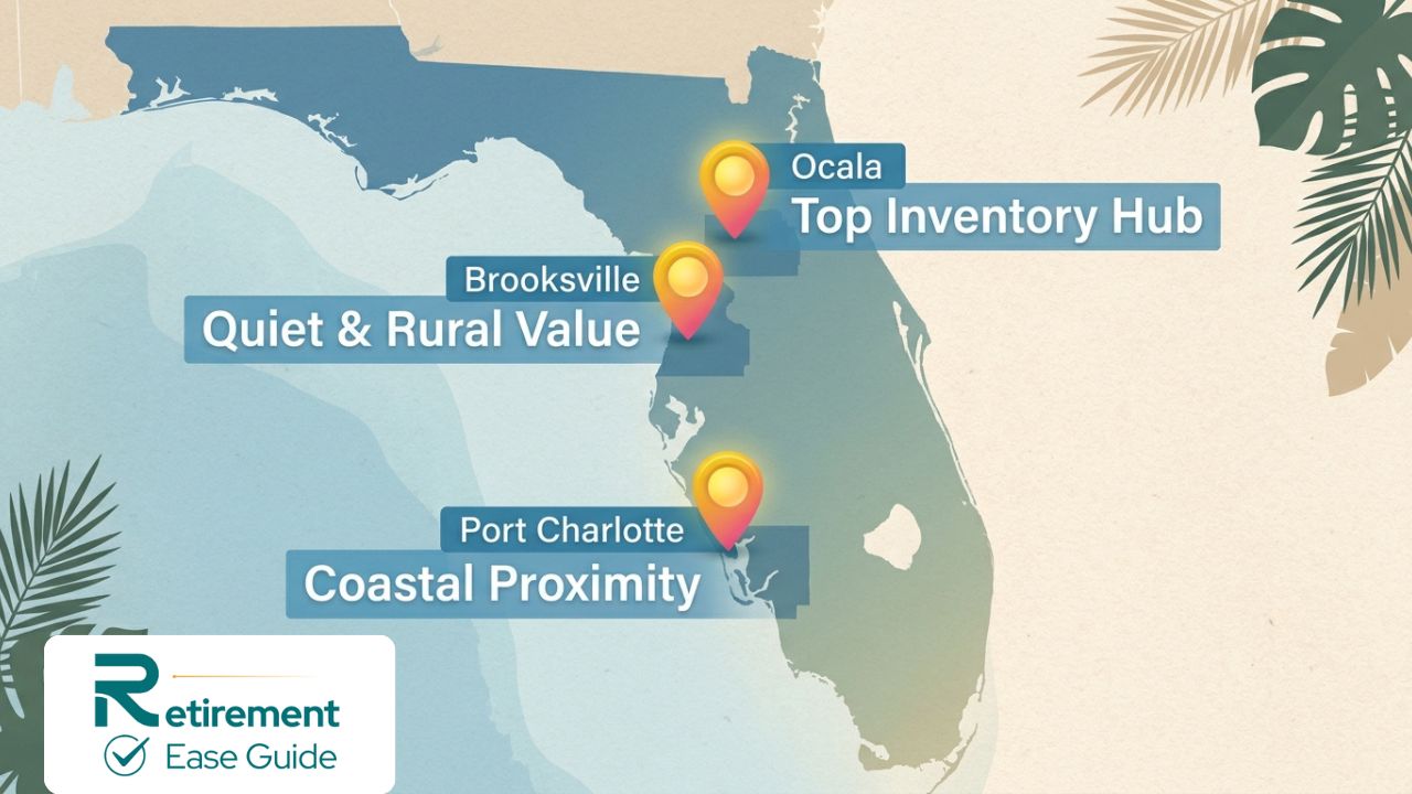 Map of Florida highlighting Ocala, the Nature Coast, and the Gulf Coast as top spots for affordable 55+ housing.