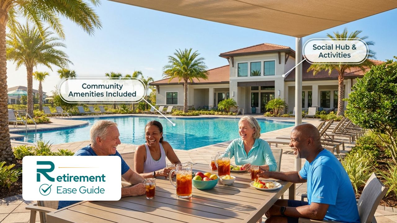 A group of active seniors laughing near a turquoise community pool at an affordable 55 plus community in Florida.
