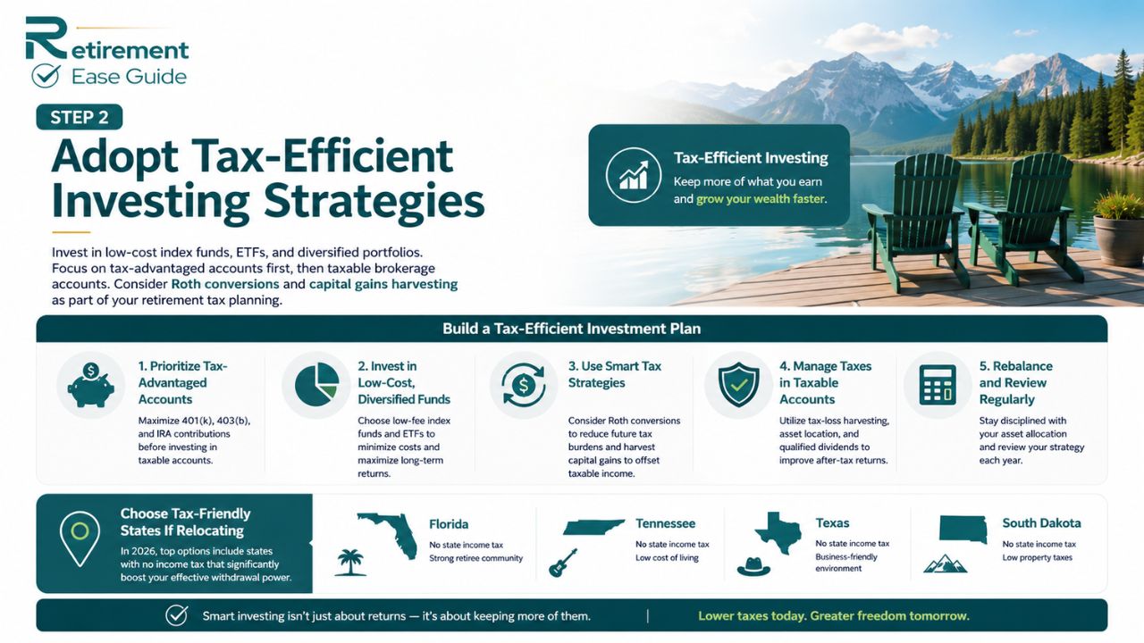 Adopt tax-efficient investing strategies for retirement planning in 2026 with index funds, Roth conversions, ETFs, and tax-friendly states like Florida and Texas.